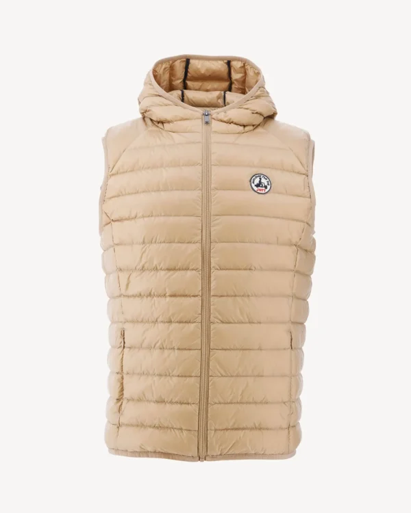 Discount Beige Pat Hooded Sleeveless Down Jacket Men Down Jackets And Jackets