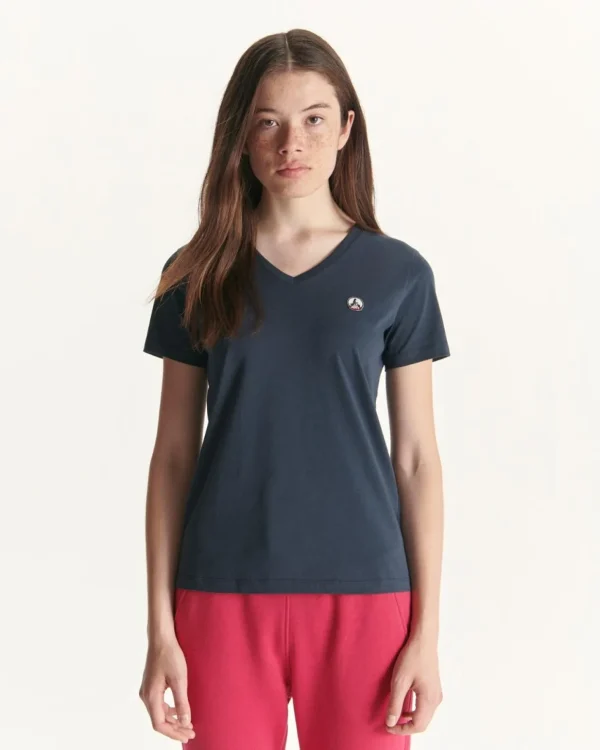 Online Plain V-Neck Organic Cotton T-Shirt Marine Cancun Women Clothes